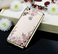 Прозрачный чехол с цветами и стразами для Apple iPhone 7 plus (5.5") с глянцевым бампером Золотой/Розовые цветы