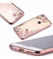 Прозрачный чехол с цветами и стразами для Apple iPhone 7 plus (5.5") с глянцевым бампером Розовый золотой/Розовые цветы