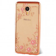 Прозрачный чехол с цветами и стразами для Meizu M3 Max с глянцевым бампером Розовый золотой/Розовые цветы