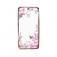Прозрачный чехол с цветами и стразами для Meizu M3e с глянцевым бампером Розовый золотой/Розовые цветы