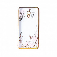 Прозрачный чехол с цветами и стразами для Meizu M5 Note с глянцевым бампером Золотой/Розовые цветы