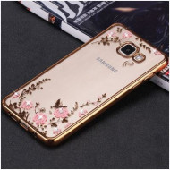 Прозрачный чехол с цветами и стразами для Samsung A320 Galaxy A3 (2017) с глянцевым бампером Золотой/Розовые цветы