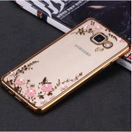 Прозрачный чехол с цветами и стразами для Samsung A520 Galaxy A5 (2017) с глянцевым бампером Золотой/Розовые цветы