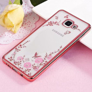 Прозрачный чехол с цветами и стразами для Samsung A520 Galaxy A5 (2017) с глянцевым бампером Розовый золотой/Розовые цветы
