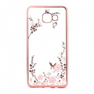 Прозрачный чехол с цветами и стразами для Samsung A710F Galaxy A7 (2016) с глянцевым бампером Розовый золотой/Розовые цветы