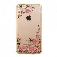 Прозрачный чехол с цветами и стразами для Apple iPhone 6/6s (4.7") с глянцевым бампером Золотой/Розовые цветы