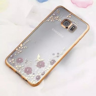 Прозрачный чехол с цветами и стразами для Samsung G925F Galaxy S6 Edge с глянцевым бампером Золотой/Розовые цветы
