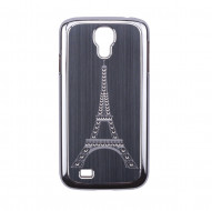 Пластиковая накладка с мат. алюм. вставкой и стразами "Эйфелева башня" для Samsung i9500 Galaxy S4 Черный