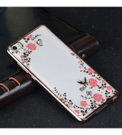 Прозрачный чехол с цветами и стразами для Xiaomi Mi 4i / Mi 4c с глянцевым бампером Розовый золотой/Розовые цветы
