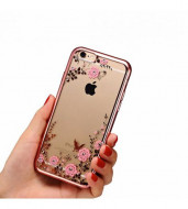 Прозрачный чехол с цветами и стразами для Apple iPhone 6/6s plus (5.5") с глянцевым бампером Розовый золотой/Розовые цветы