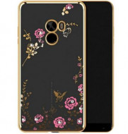 Прозрачный чехол с цветами и стразами для Xiaomi Mi MIX с глянцевым бампером Золотой/Розовые цветы