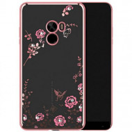 Прозрачный чехол с цветами и стразами для Xiaomi Mi MIX с глянцевым бампером Розовый золотой/Розовые цветы