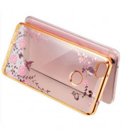 Прозрачный чехол с цветами и стразами для Xiaomi Mi Max с глянцевым бампером Золотой/Розовые цветы