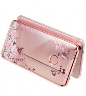 Прозрачный чехол с цветами и стразами для Xiaomi Mi Max с глянцевым бампером Розовый золотой/Розовые цветы
