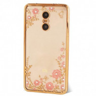 Прозрачный чехол с цветами и стразами для Xiaomi Redmi Pro с глянцевым бампером Золотой/Розовые цветы