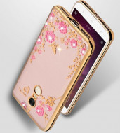 Прозрачный чехол с цветами и стразами для Xiaomi Redmi Note 4 с глянцевым бампером Золотой/Розовые цветы