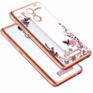 Прозрачный чехол с цветами и стразами для Xiaomi Redmi Note 3 / Note 3 Pro с глянцевым бампером Розовый золотой/Розовые цветы