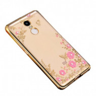 Прозрачный чехол с цветами и стразами для Xiaomi Redmi 4 с глянцевым бампером Золотой/Розовые цветы
