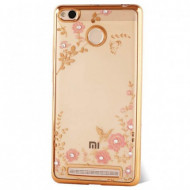 Прозрачный чехол с цветами и стразами для Xiaomi Redmi 3 Pro / Redmi 3s с глянцевым бампером Золотой/Розовые цветы