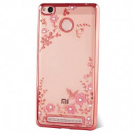 Прозрачный чехол с цветами и стразами для Xiaomi Redmi 3 Pro / Redmi 3s с глянцевым бампером Розовый золотой/Розовые цветы