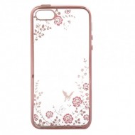 Прозрачный чехол с цветами и стразами для Apple iPhone 5/5S/SE с глянцевым бампером Розовый золотой/Розовые цветы