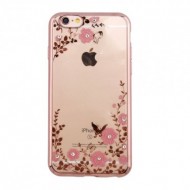 Прозрачный чехол с цветами и стразами для Apple iPhone 6/6s (4.7") с глянцевым бампером Розовый золотой/Розовые цветы