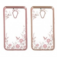 Прозрачный чехол с цветами и стразами для Meizu M2 / M2 mini с глянцевым бампером Золотой/Розовые цветы