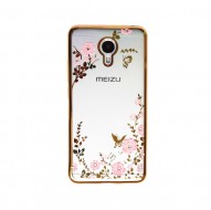 Прозрачный чехол с цветами и стразами для Meizu M3 Note с глянцевым бампером Золотой/Розовые цветы