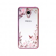 Прозрачный чехол с цветами и стразами для Meizu M3 Note с глянцевым бампером Розовый золотой/Розовые цветы
