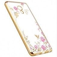 Прозрачный чехол с цветами и стразами для Meizu M5 с глянцевым бампером Золотой/Розовые цветы