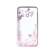 Прозрачный чехол с цветами и стразами для Meizu M5 Note с глянцевым бампером Розовый золотой/Розовые цветы