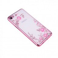 Прозрачный чехол с цветами и стразами для Meizu U10 с глянцевым бампером Розовый золотой/Розовые цветы