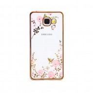 Прозрачный чехол с цветами и стразами для Samsung A510F Galaxy A5 (2016) с глянцевым бампером Золотой/Розовые цветы