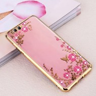 Прозрачный чехол с цветами и стразами для Xiaomi Mi 6 с глянцевым бампером Золотой/Розовые цветы