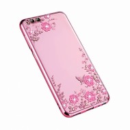 Прозрачный чехол с цветами и стразами для Xiaomi Mi 6 с глянцевым бампером Розовый золотой/Розовые цветы