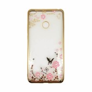 Прозрачный чехол с цветами и стразами для Xiaomi Mi Max 2 с глянцевым бампером Золотой/Розовые цветы