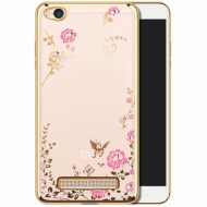 Прозрачный чехол с цветами и стразами для Xiaomi Redmi 4a с глянцевым бампером Золотой/Розовые цветы